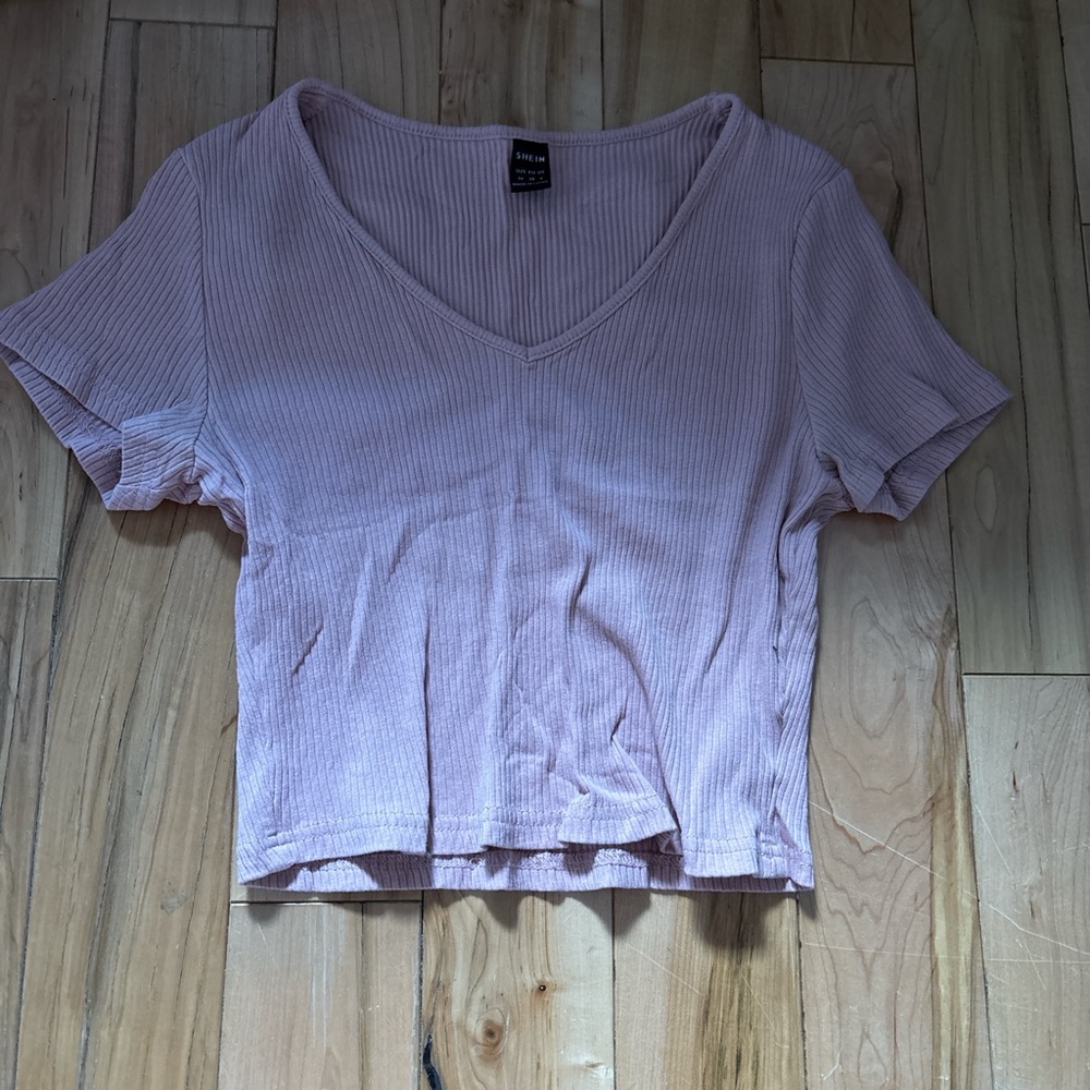 SHEIN Light Pink Ribbed V-Neck Tee